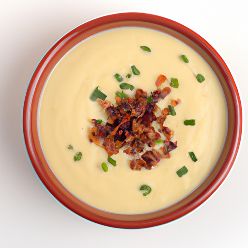 A creamy bowl of Dutch oven potato soup topped with crispy bacon bits and chives.