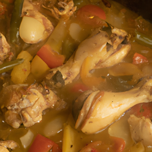 A close-up of a Dutch oven filled with simmering chicken and vegetables, emitting a delicious aroma.